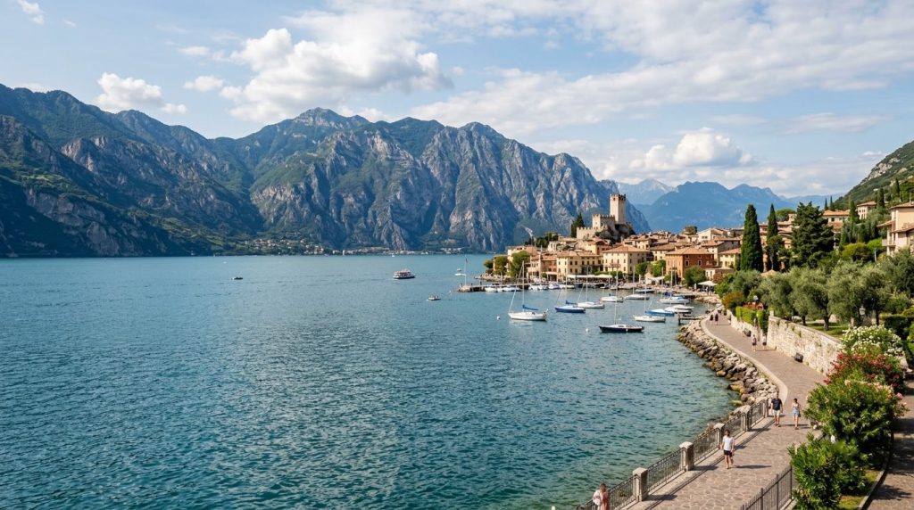 a lakeside view of Lake Garda near Verona with mountains behind