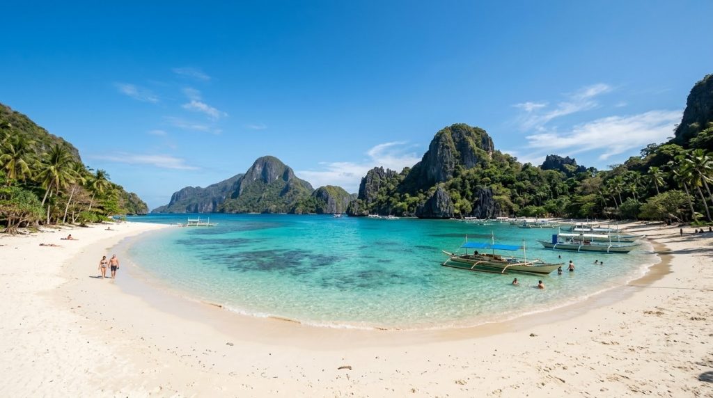 a white sand beach with turquoise water in El Nido, Palawan