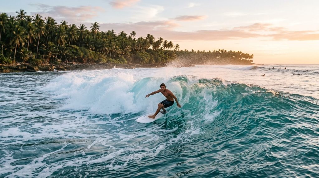 a surfer riding a wave off Siargao Island, Philippines
