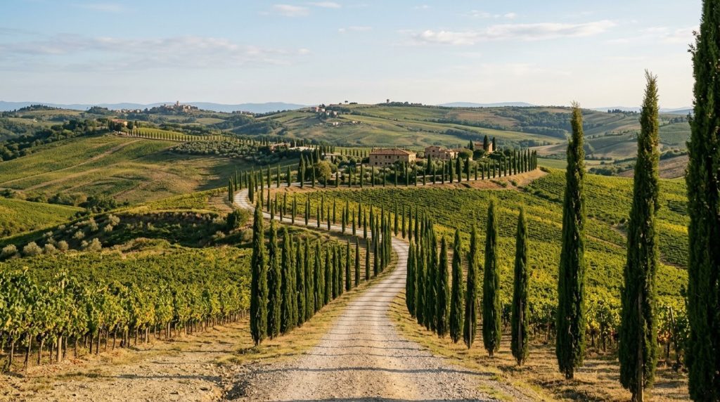rolling vineyard hills with a cypress-lined road in Chianti, Tuscany