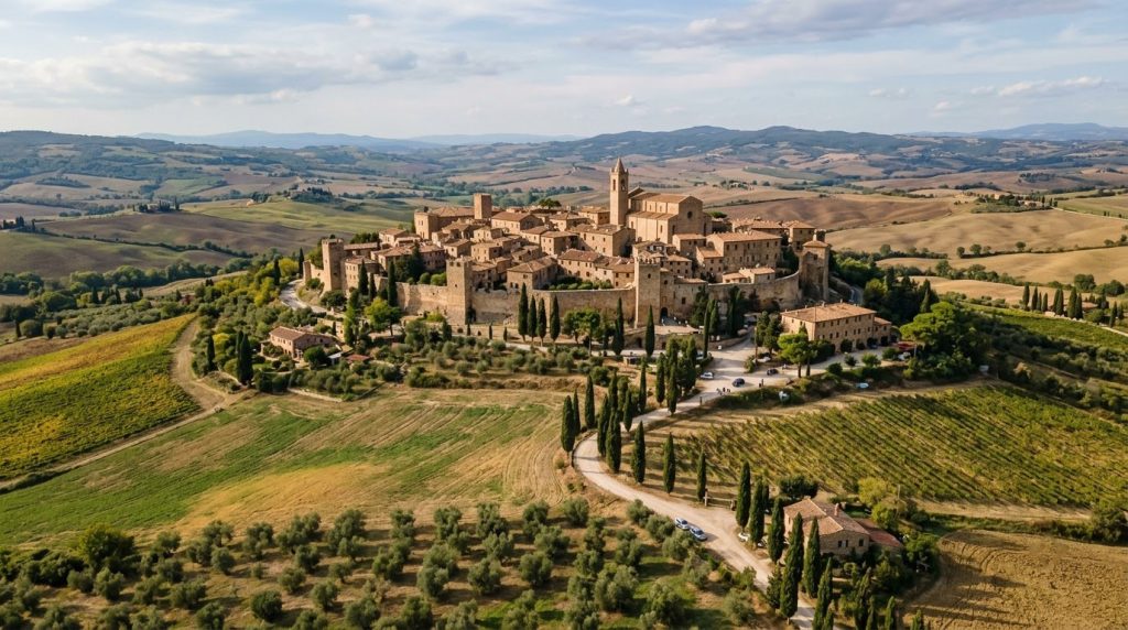 a hilltop medieval town surrounded by farmland in Val d'Orcia