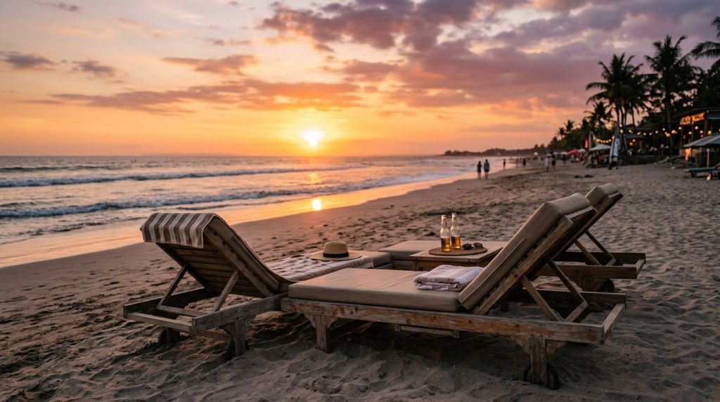 sun loungers facing the sunset over Seminyak Beach in Bali