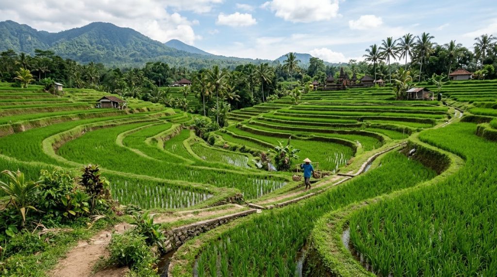 green rice terraces in the countryside near Ubud, Bali