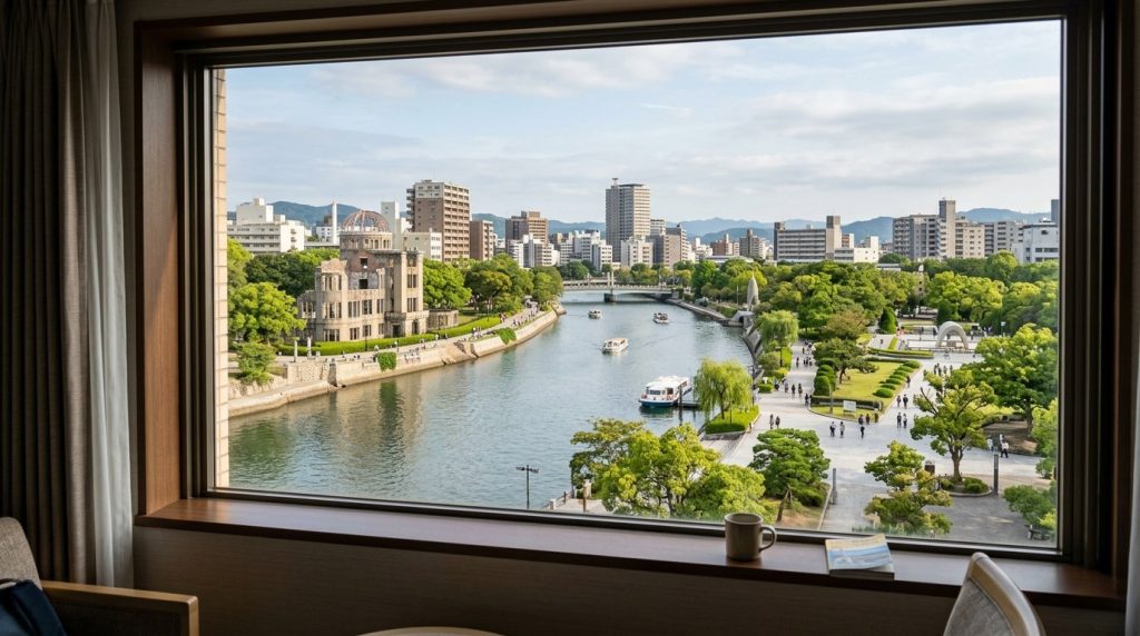 view over the Motoyasu River and Peace Memorial Park in Hiroshima