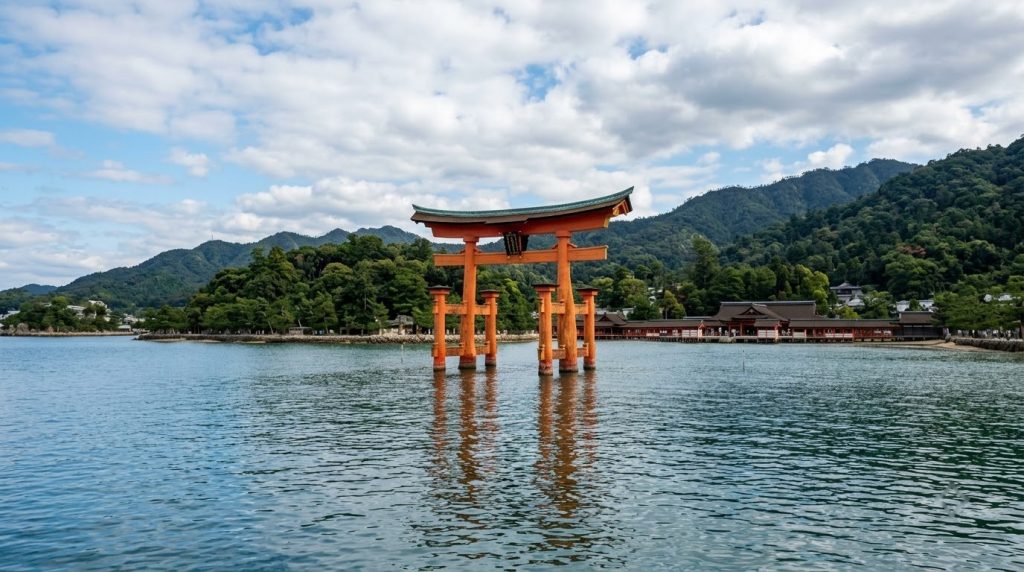the floating torii gate of Itsukushima Shrine near Miyajima at high tide