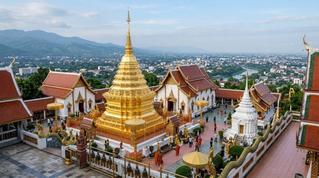 a golden chedi at Wat Phra That Doi Suthep overlooking Chiang Mai