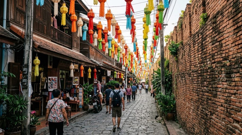 lanterns hanging over a narrow street in Chiang Mai's old city