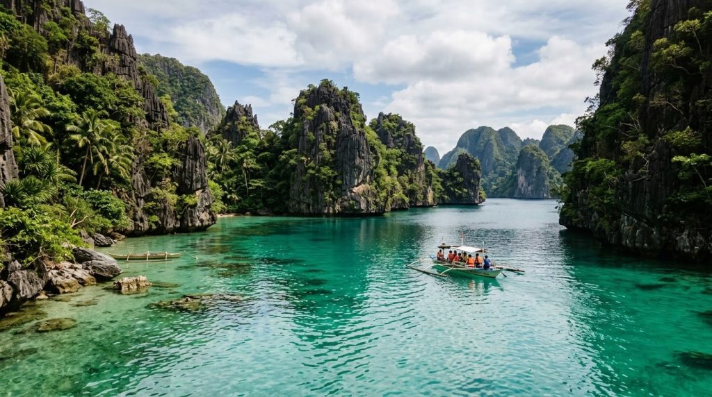 limestone karst cliffs rising from turquoise water near El Nido, Palawan