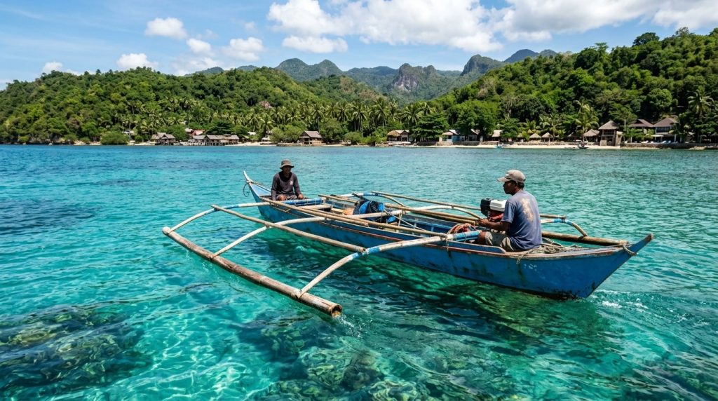 a wooden outrigger boat on turquoise water near Moalboal, Cebu