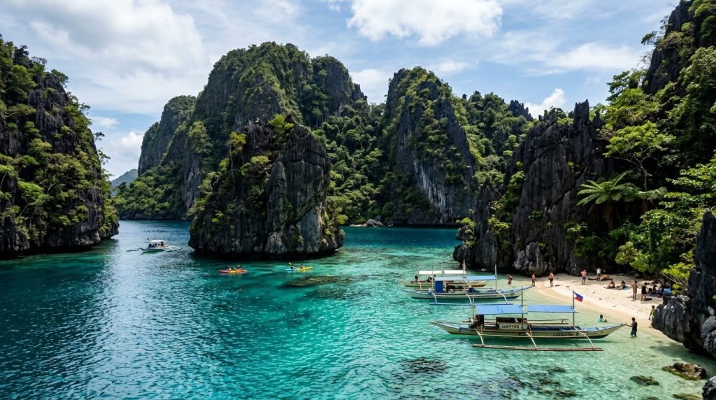 limestone karst cliffs rising over a turquoise lagoon near El Nido