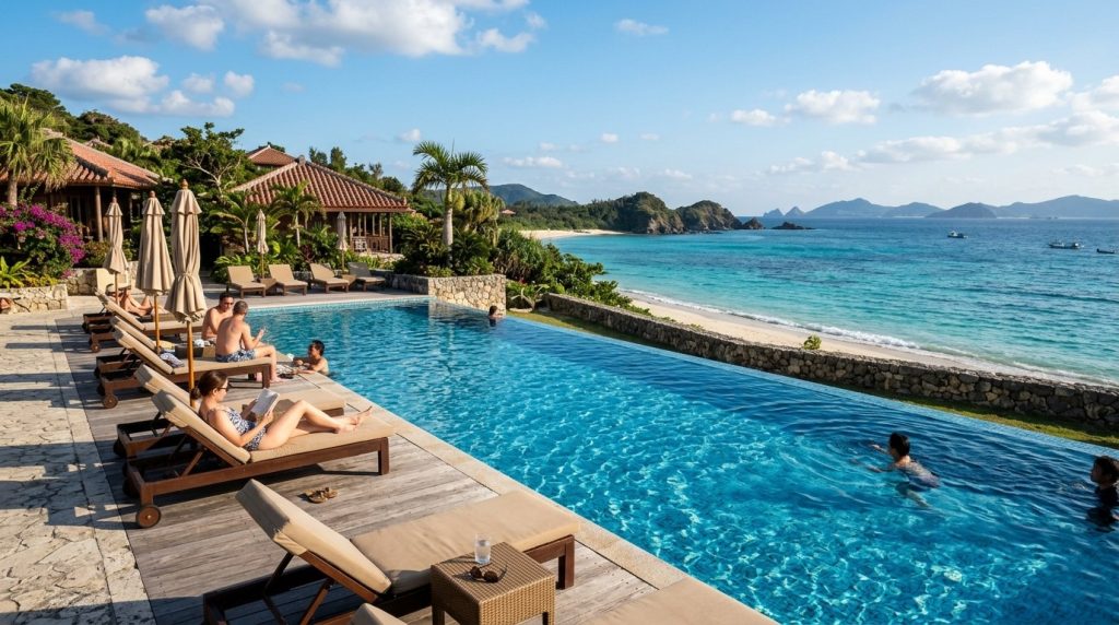 a beachfront resort pool facing the sea on an Okinawan outer island