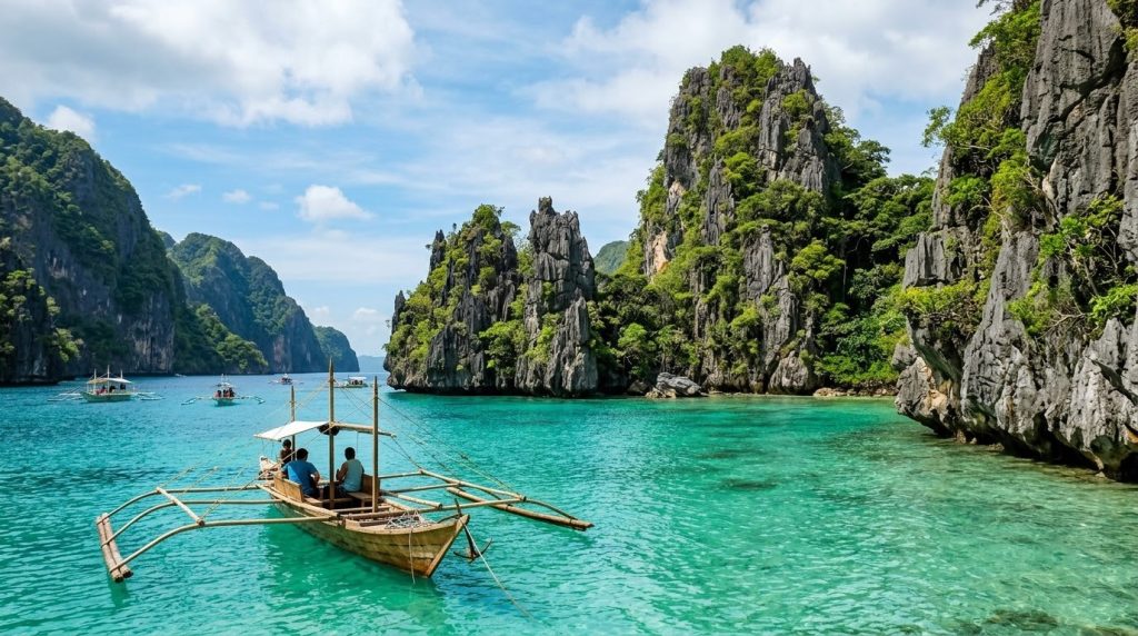 limestone karst cliffs rising from a turquoise lagoon in El Nido