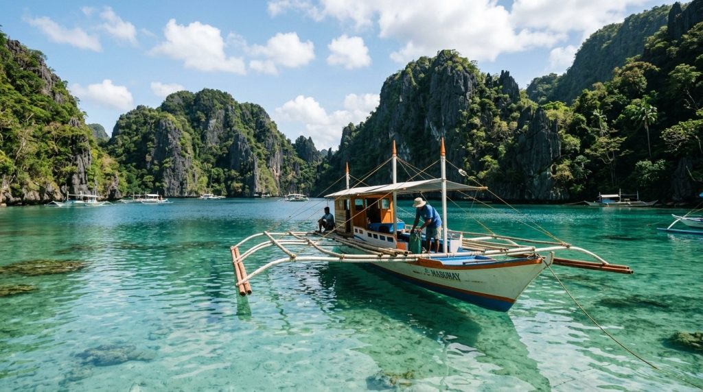 an outrigger boat anchored near limestone islands in Coron