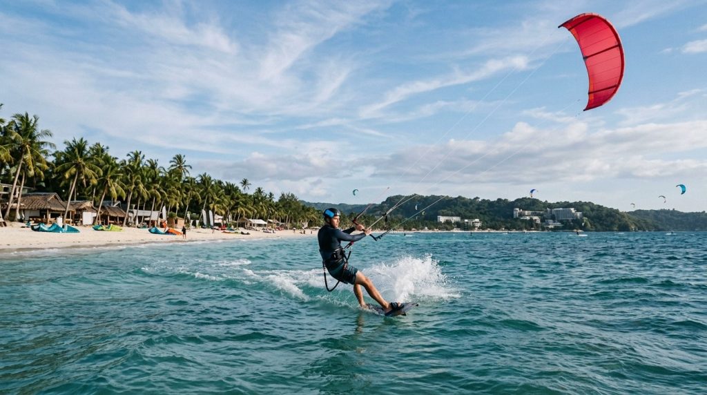 a kitesurfer on the water off Bulabog Beach in Boracay