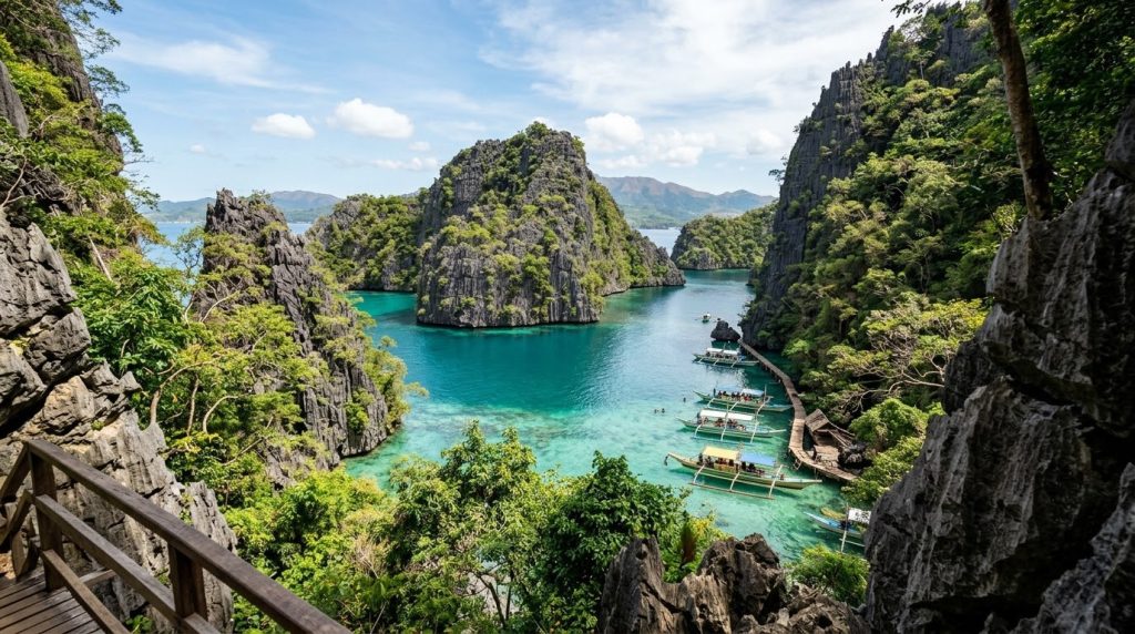 turquoise water of Kayangan Lake surrounded by limestone cliffs, Coron