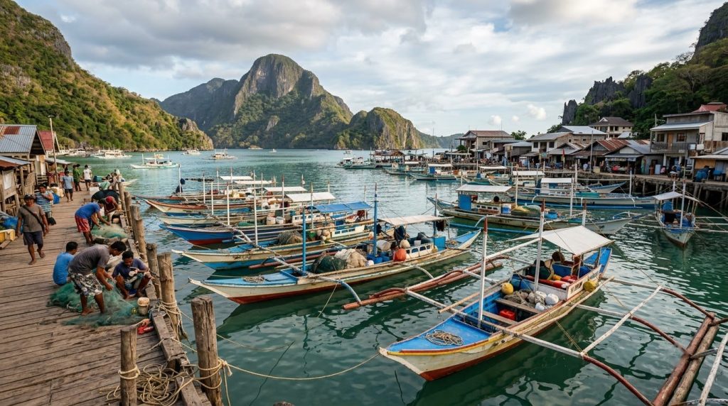 fishing boats moored along the waterfront of Coron town, Palawan