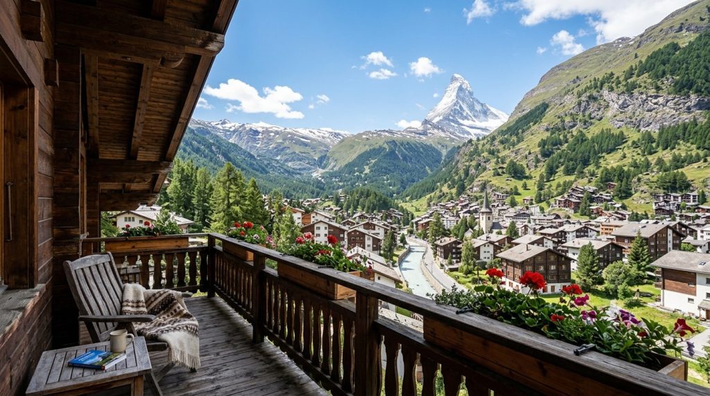 a chalet hotel balcony with a view of the Matterhorn in Zermatt