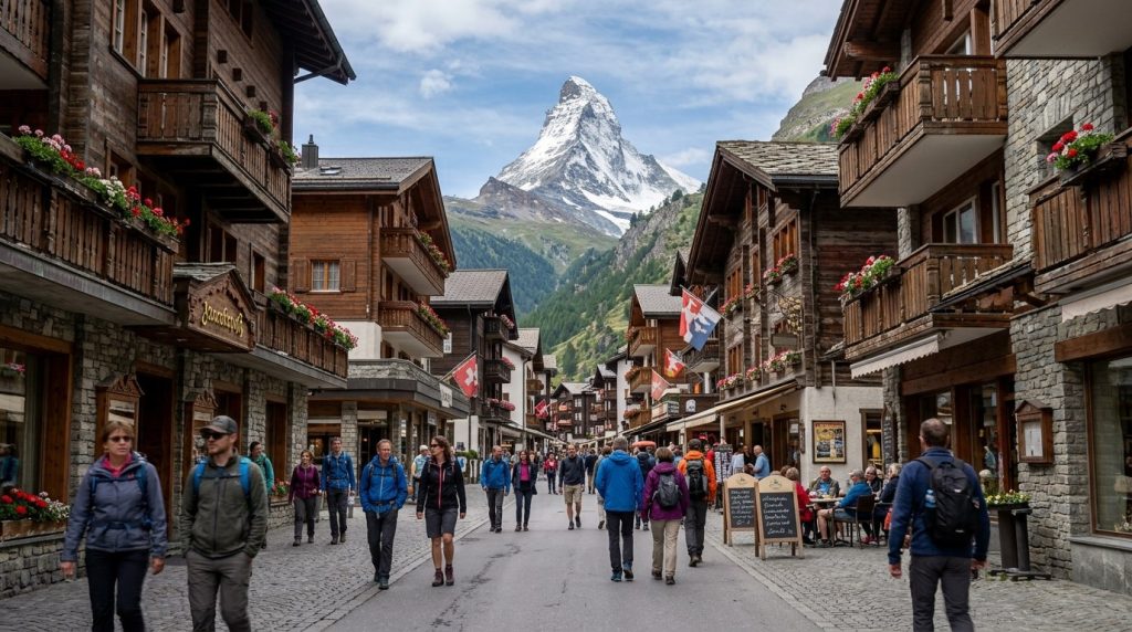 the car-free main street of Zermatt with the Matterhorn beyond