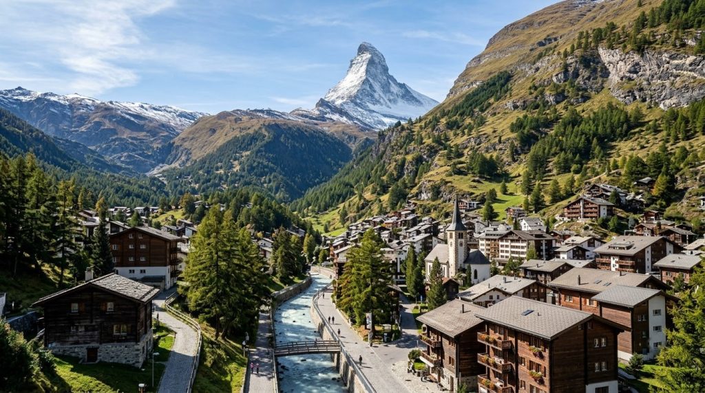 the Matterhorn peak rising above the alpine village of Zermatt