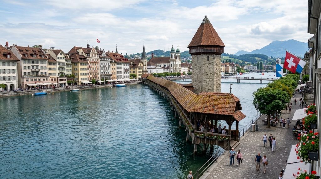 Chapel Bridge crossing the Reuss River in Lucerne's old town