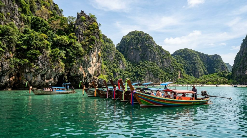 longtail boats anchored near limestone cliffs near Phuket
