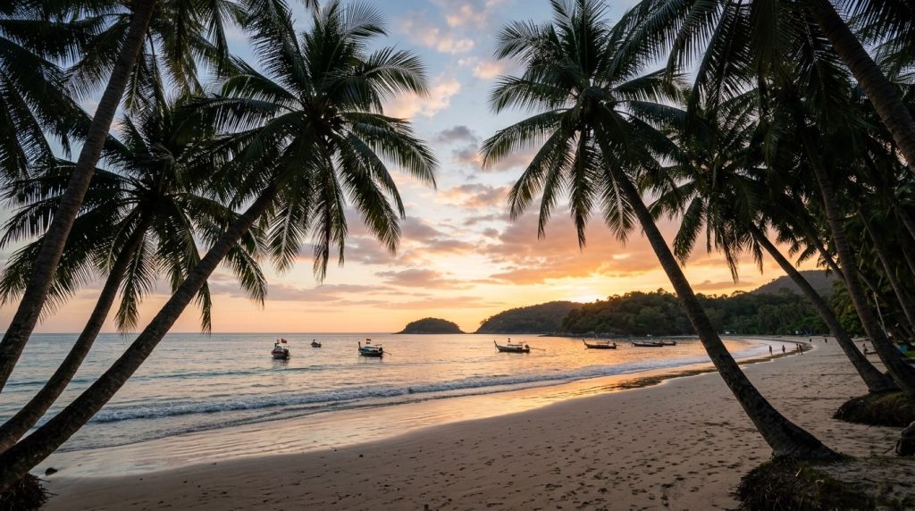 palm trees framing a quiet stretch of Kata Beach at sunset