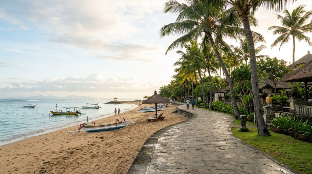 a quiet beachfront promenade with palm trees along Sanur Beach