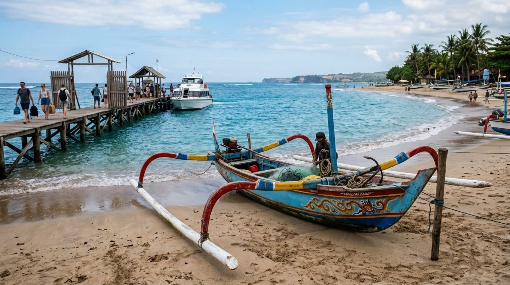 an outrigger fishing boat moored near the fast boat jetty in Sanur