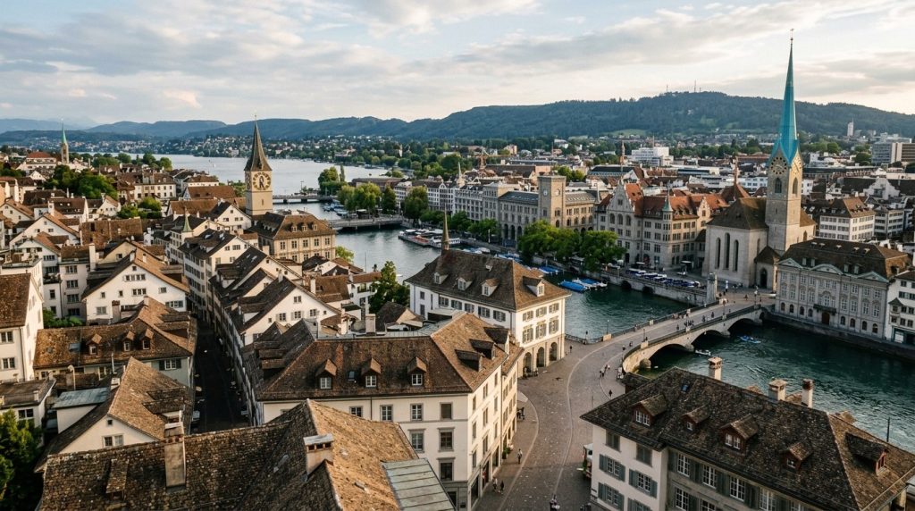 Old Town rooftops and a church spire beside the Limmat River in Zurich