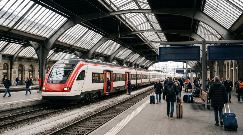 a Swiss intercity train at a platform inside Zurich main station