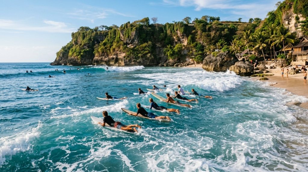 surfers paddling out at Padang Padang Beach on Bali's Bukit Peninsula