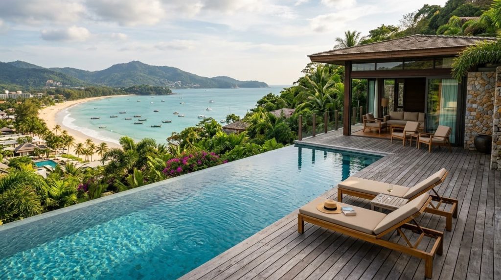 a hillside pool villa overlooking the ocean in Bang Tao Beach, Phuket