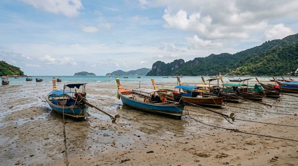 longtail boats resting on the sand at low tide in Phuket