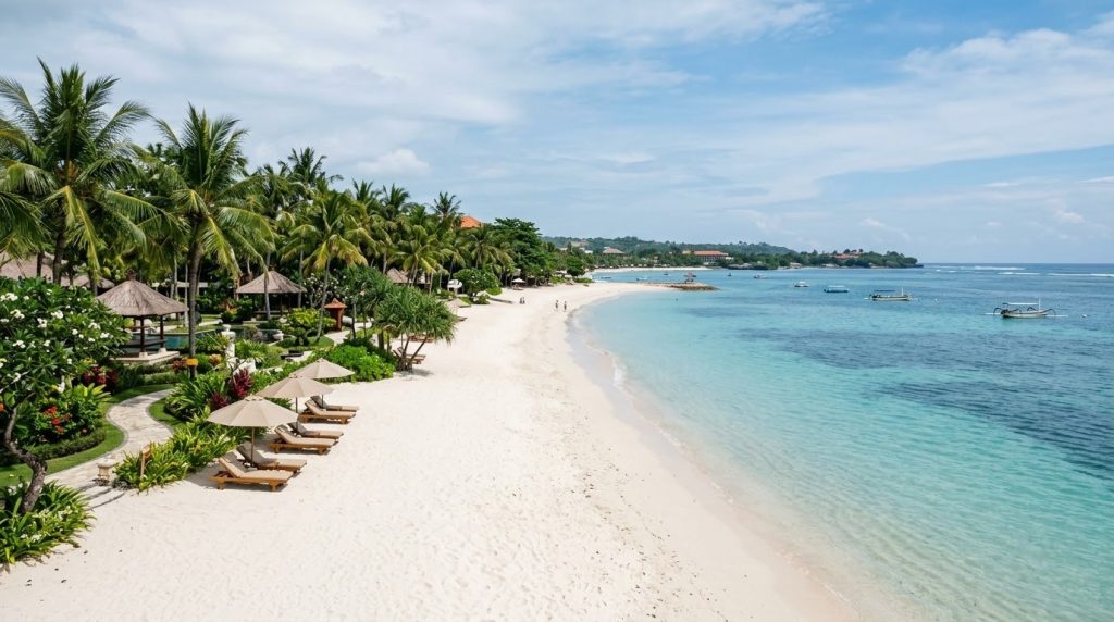 a white sand beach with calm water in front of resort gardens in Nusa Dua