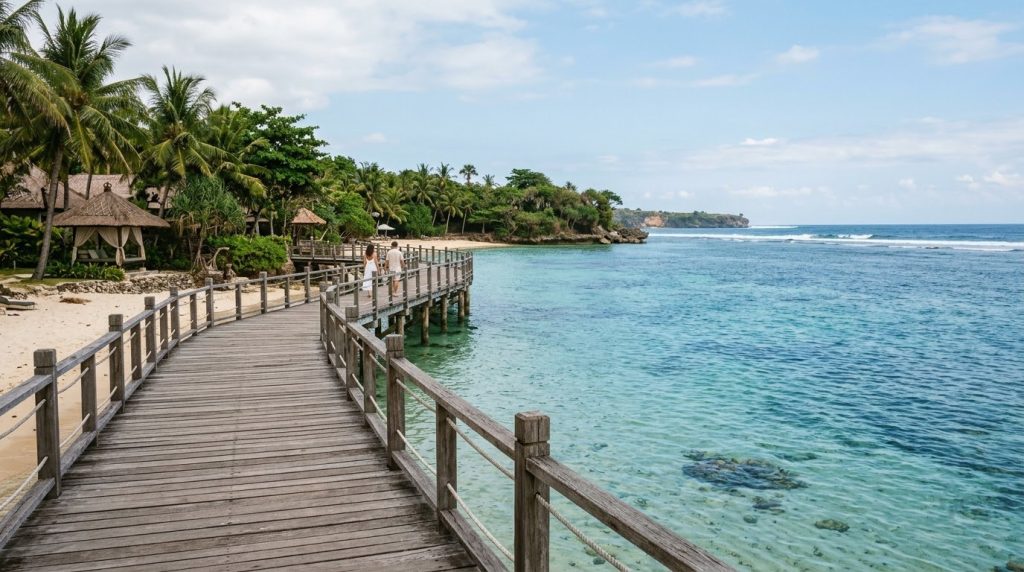 a quiet lagoon with a wooden boardwalk near the reef-protected shore of Nusa Dua