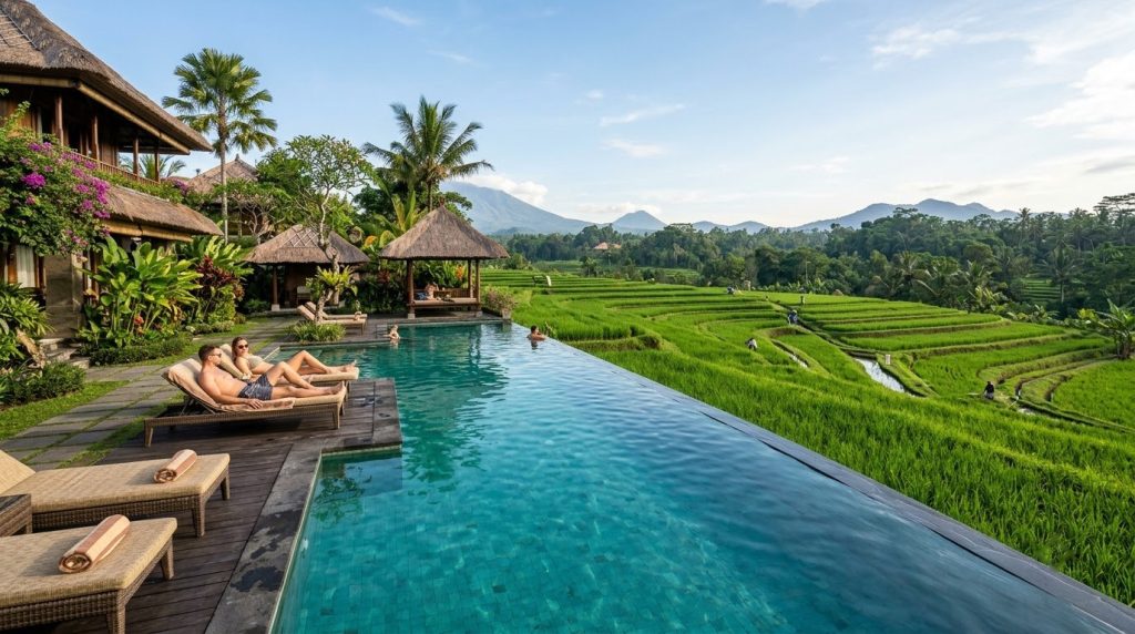 a boutique hotel pool surrounded by rice paddies in Canggu, Bali