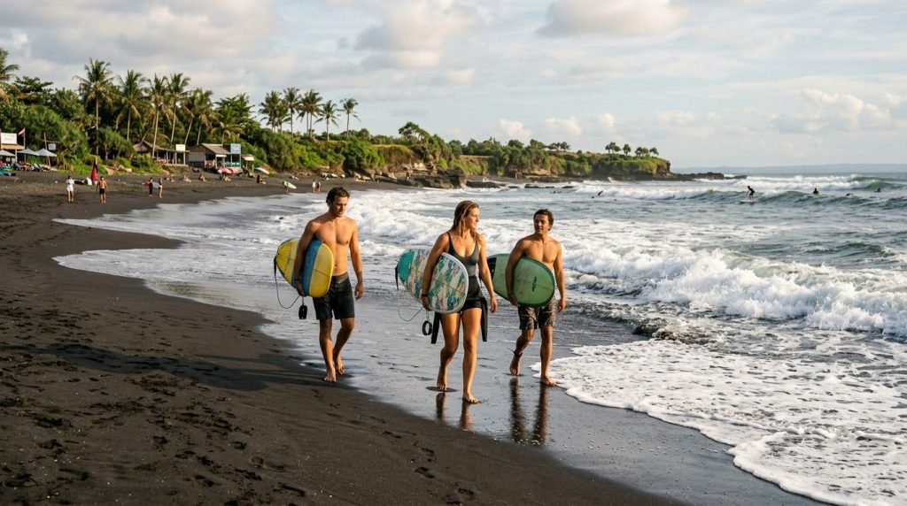 surfers walking across black sand at Echo Beach in Canggu, Bali