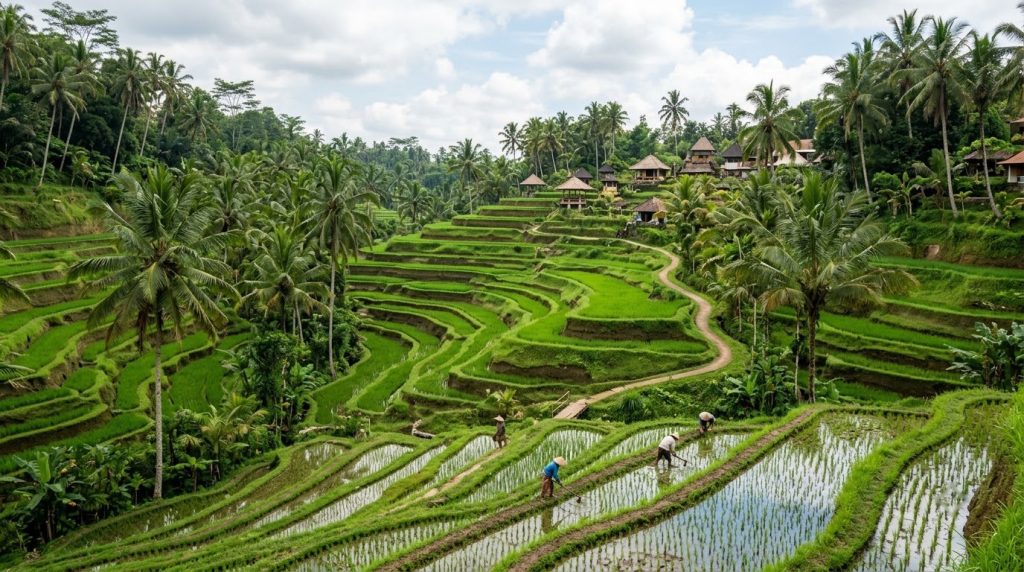terraced green rice fields with palm trees near Ubud