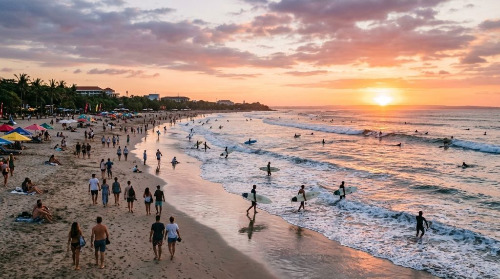 surfers and beachgoers on Kuta Beach, Bali, at sunset