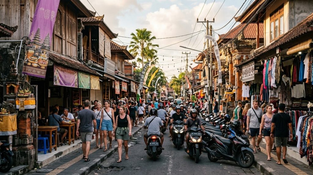 a busy street lined with shops and warungs near Kuta
