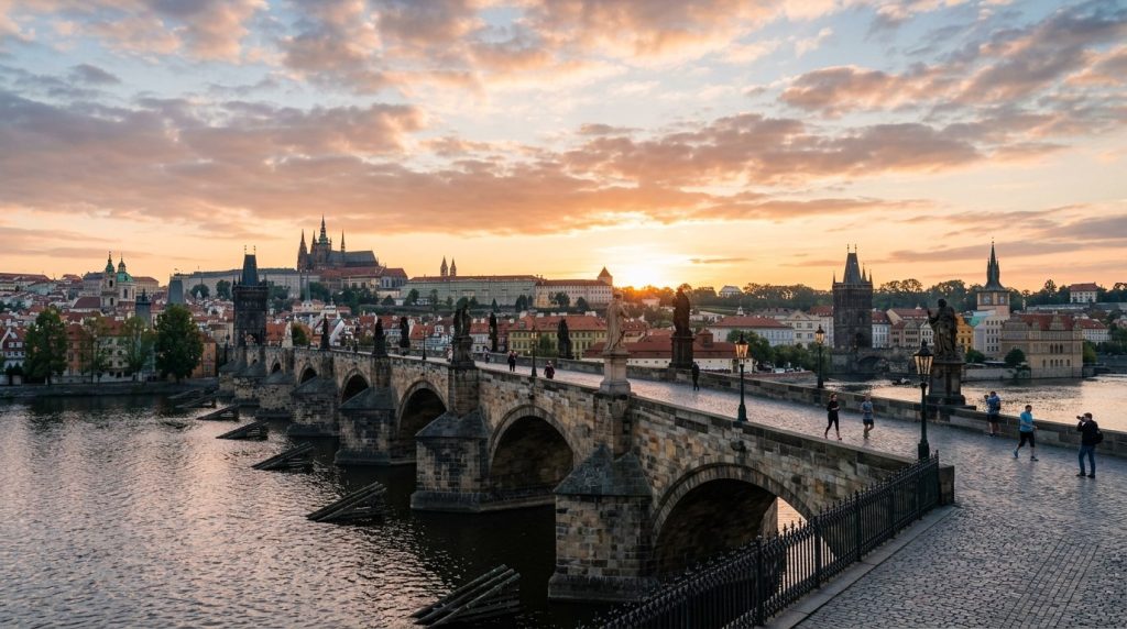 the Charles Bridge crossing the Vltava River at sunrise in Prague