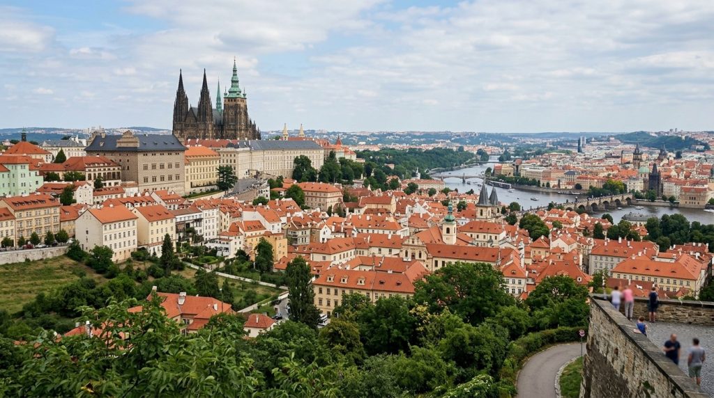 the towers of Prague Castle overlooking the city rooftops