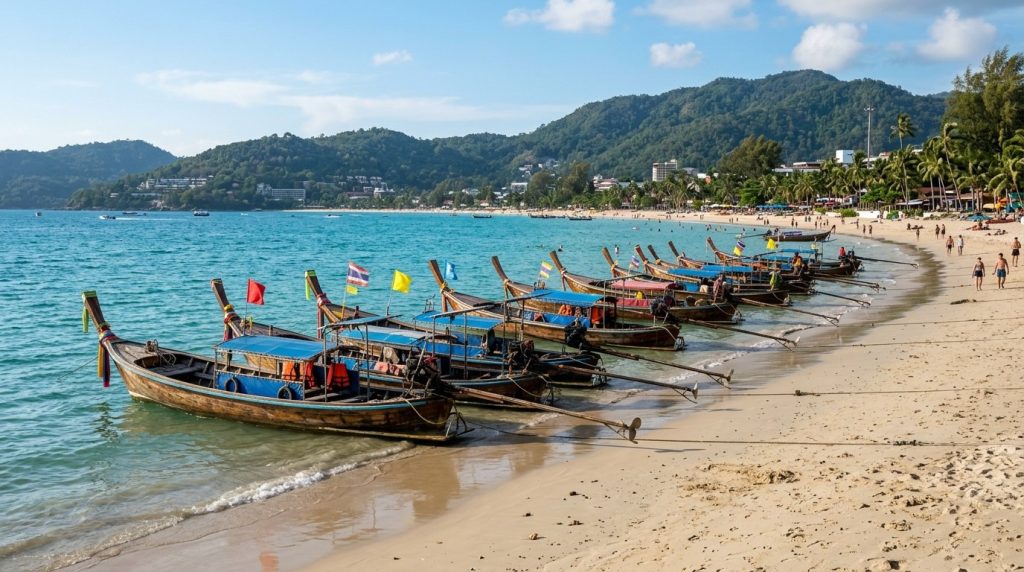 longtail boats anchored along the sandy shore of Patong Beach, Phuket