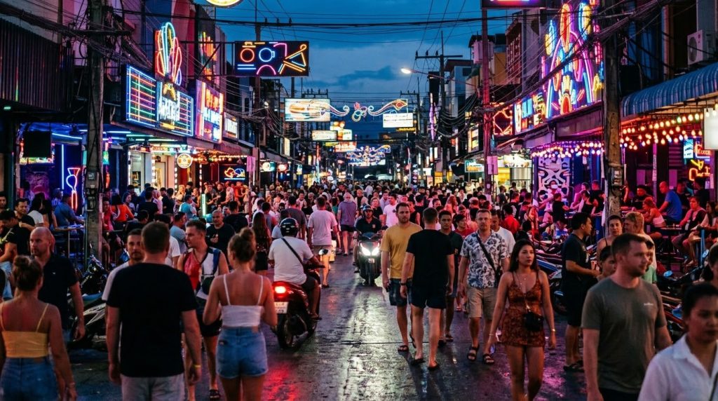 neon signs of Bangla Road in Patong lit up in the evening