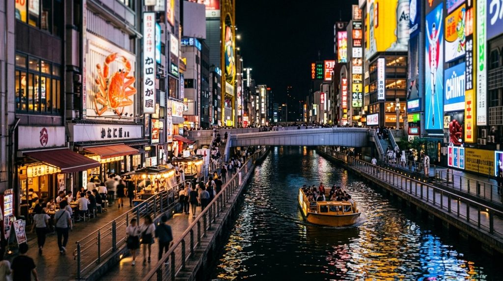 neon signs and canal-side restaurants in Osaka's Dotonbori district at night