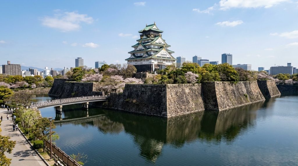 Osaka Castle surrounded by its moat and stone walls