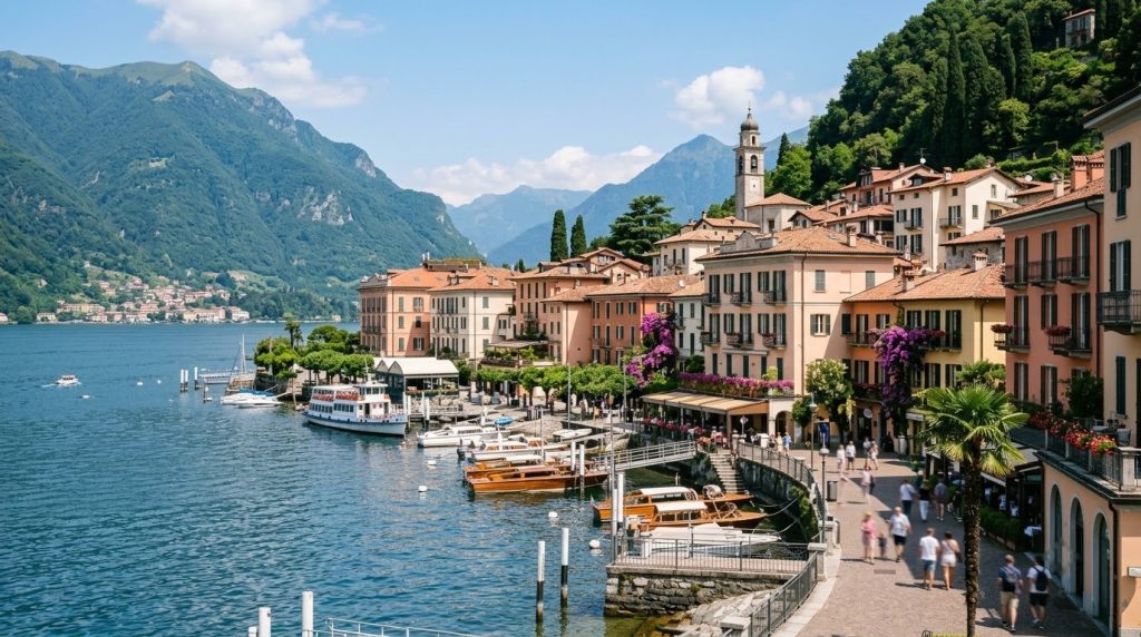 pastel waterfront buildings in Bellagio on the shore of Lake Como