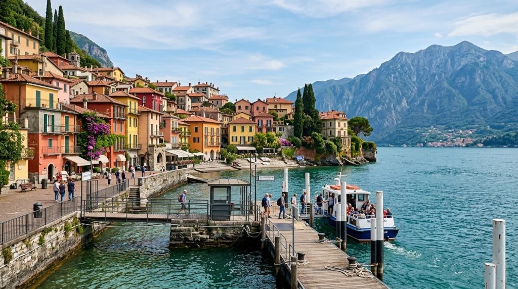 a small ferry dock beside colorful houses in Varenna, Lake Como