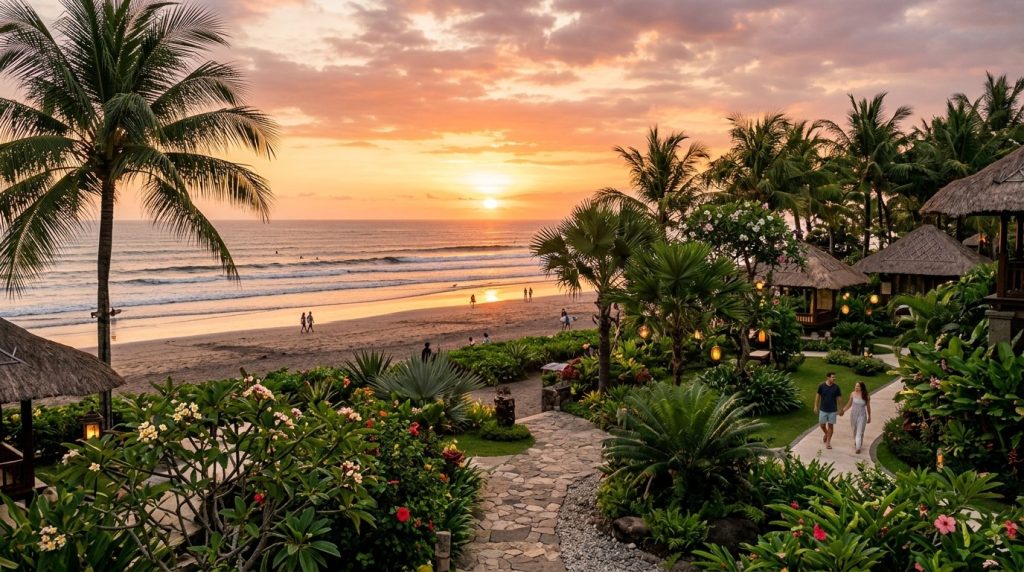 a beachfront resort garden at sunset facing Legian Beach