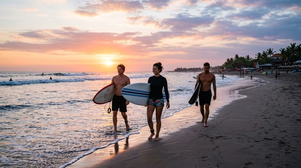 surfers walking along the sand at Legian Beach at sunset